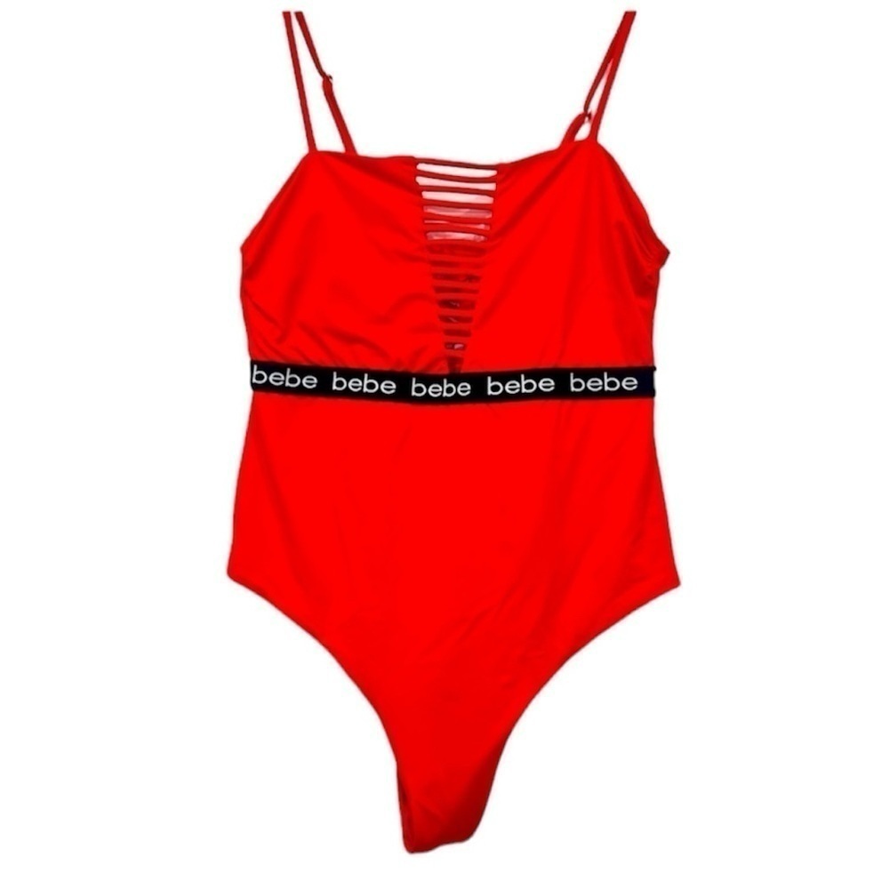 Bebe blood orange red swimsuit black band with logo size XL